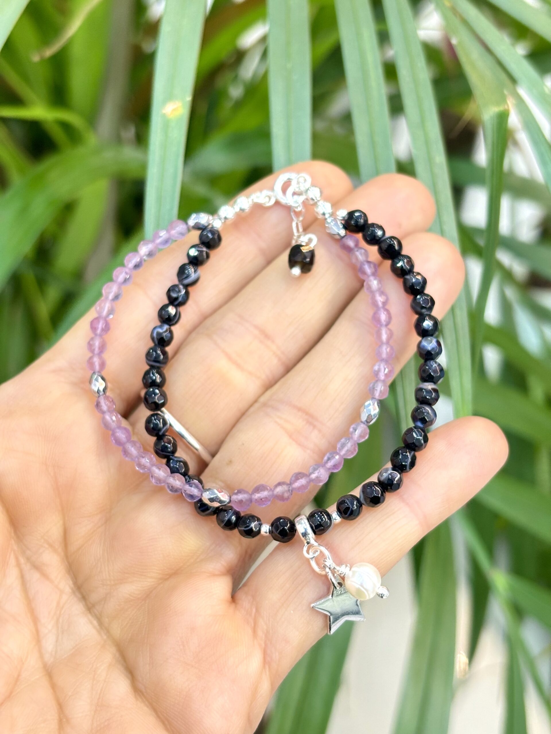 Black Agate Amethyst Natural Stone Silver Bracelet