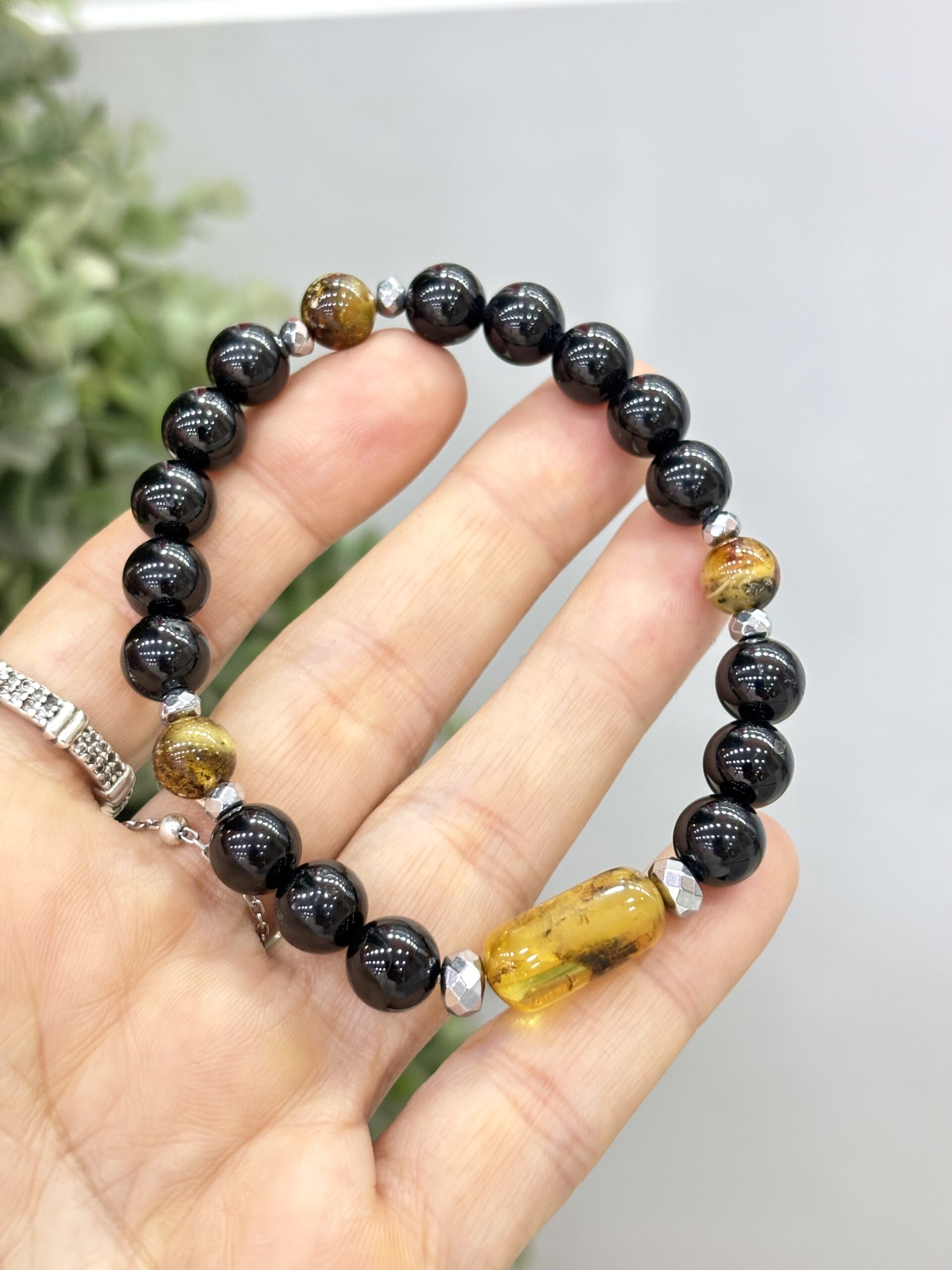 Black Turmalin Amber Hematit Natural Stone Bracelet