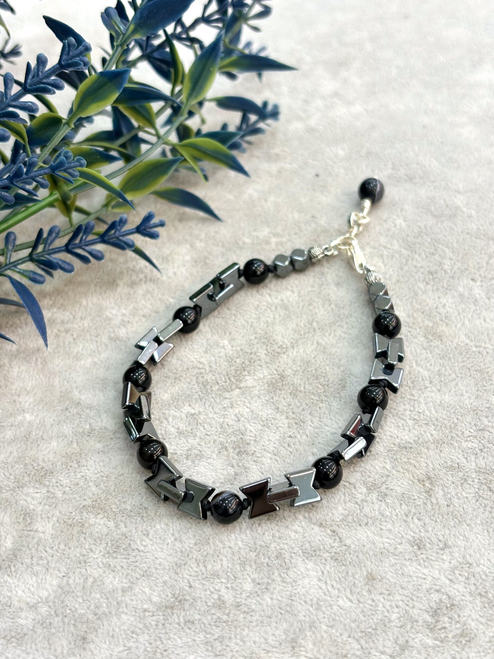 Black Agate Hematit Natural Stone Silver Bracelet