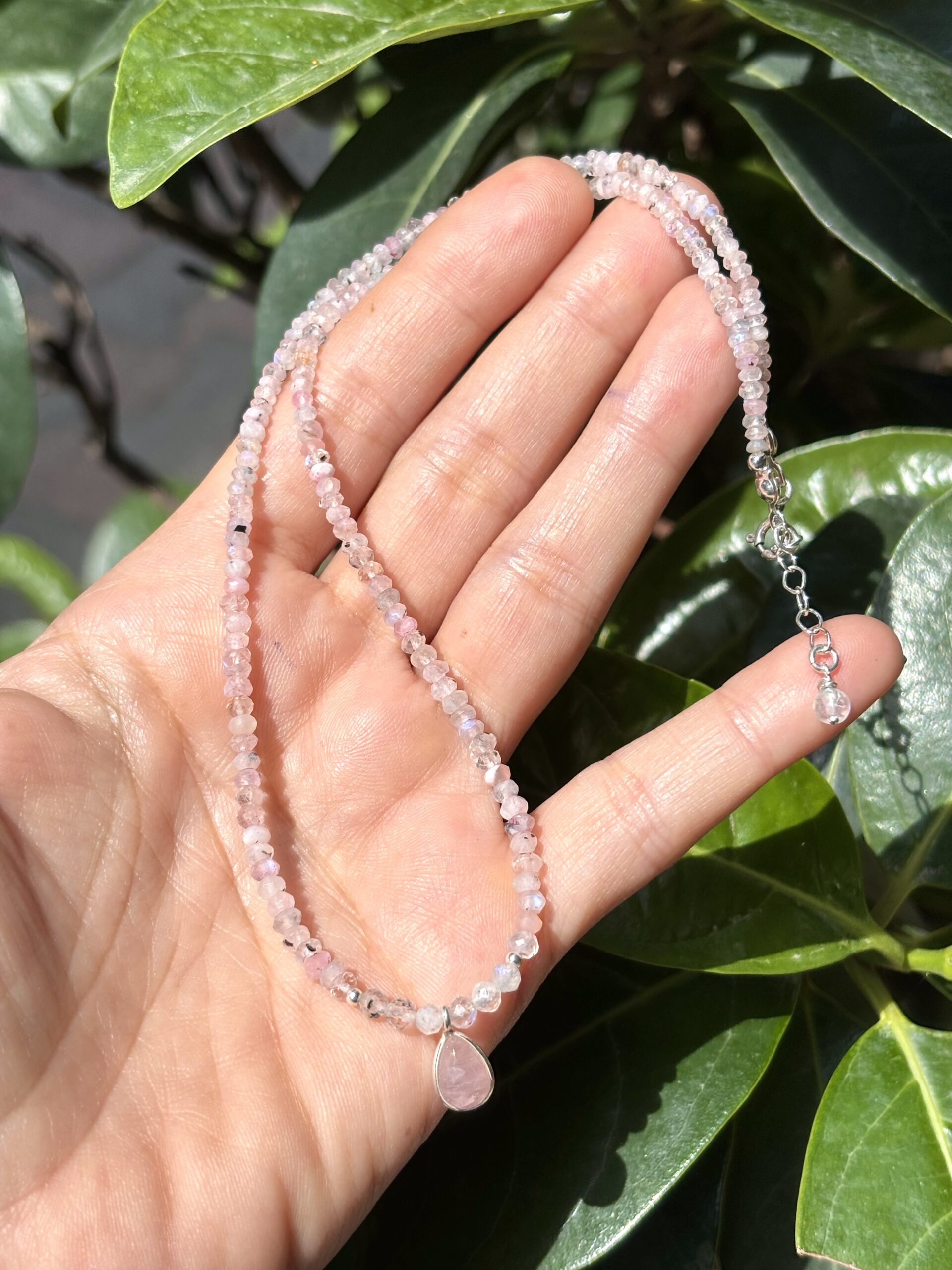 Pink Quartz Moonstone Pink Opal Natural Stone Silver Necklace
