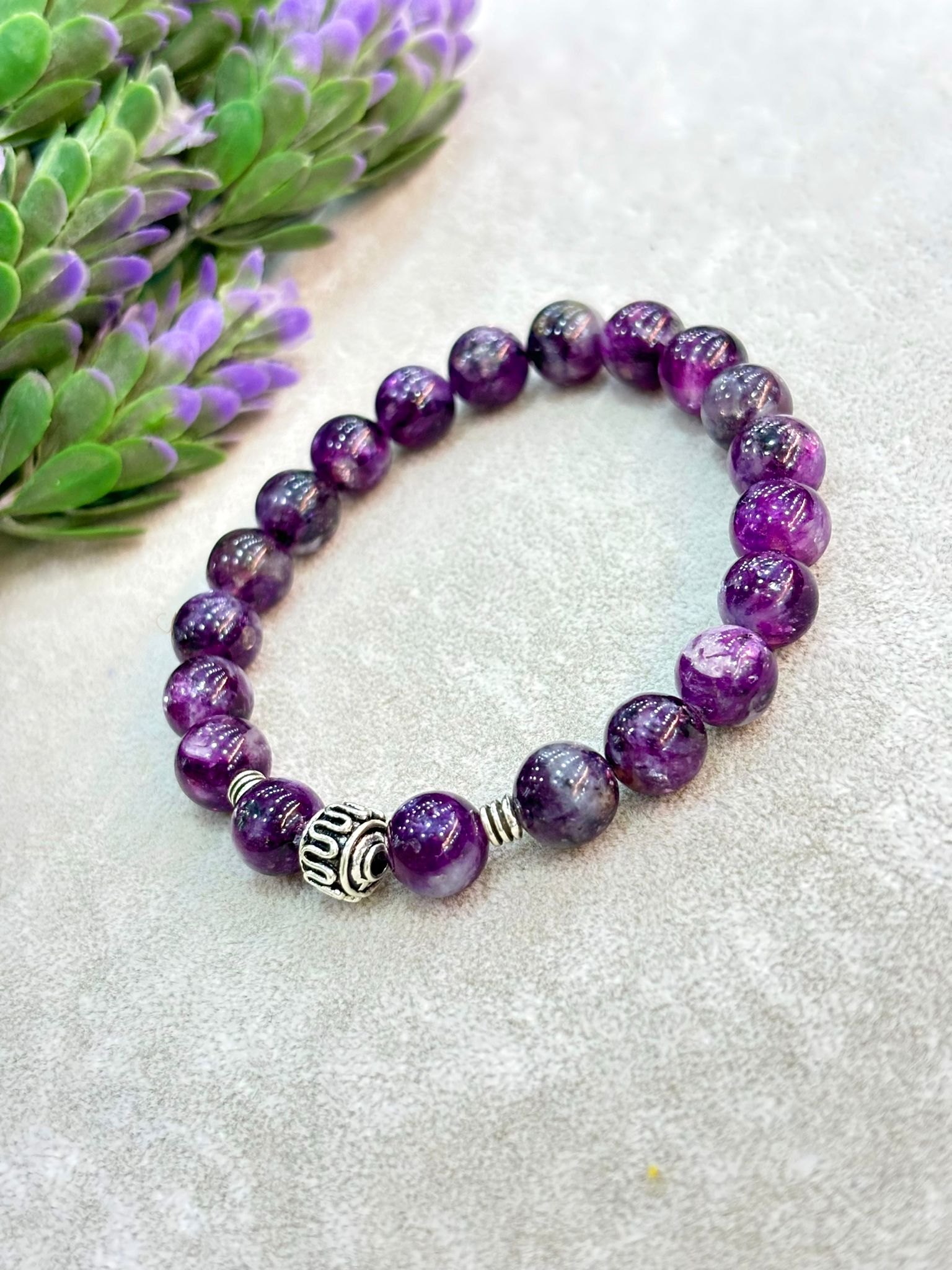 Lepidolit Natural Stone Silver Bracelet